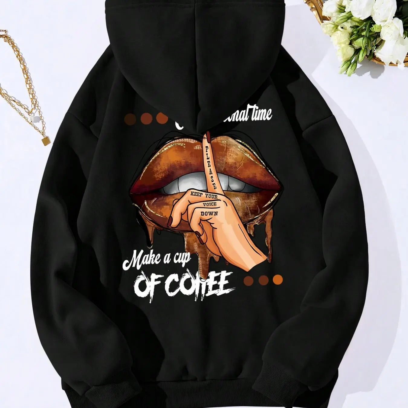 Women's Cartoon Lip & Gesture & Letter Print Drop Shoulder Hoodie, Fashion Casual Drawstring Pocket Hooded Sweatshirt for...