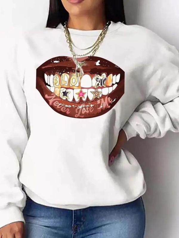 Women's Cartoon Lip & Letter Print Drop Shoulder  Thermal Lined Sweatshirt, Casual Long Sleeve Round Neck Pullover for...