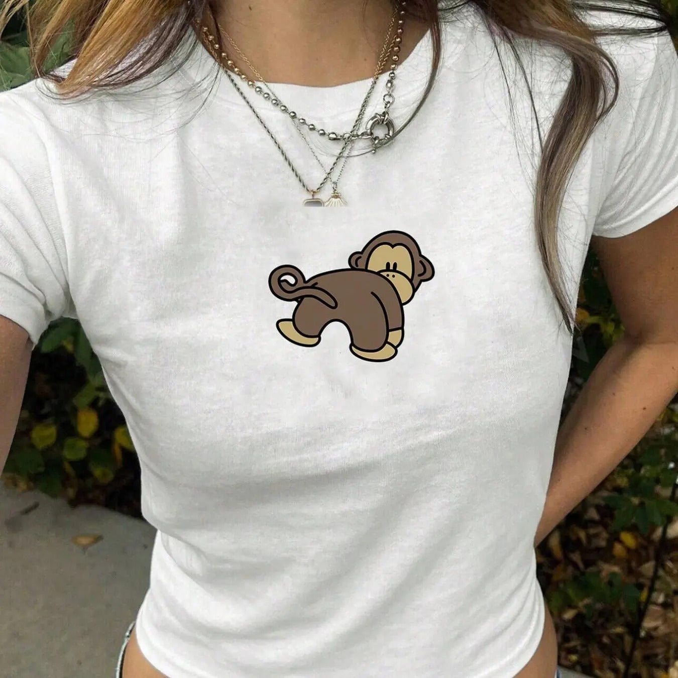 Women's Cartoon Monkey Print Round Neck Tee, Cute Casual Short Sleeve T-shirt for Summer, Women's Top for Daily Wear...
