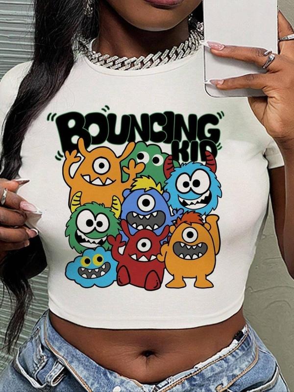 Women's Cartoon Monster & Letter Print Round Neck Crop Tee, Casual Short Sleeve Crew Neck T-Shirt for Summer, Fashion...