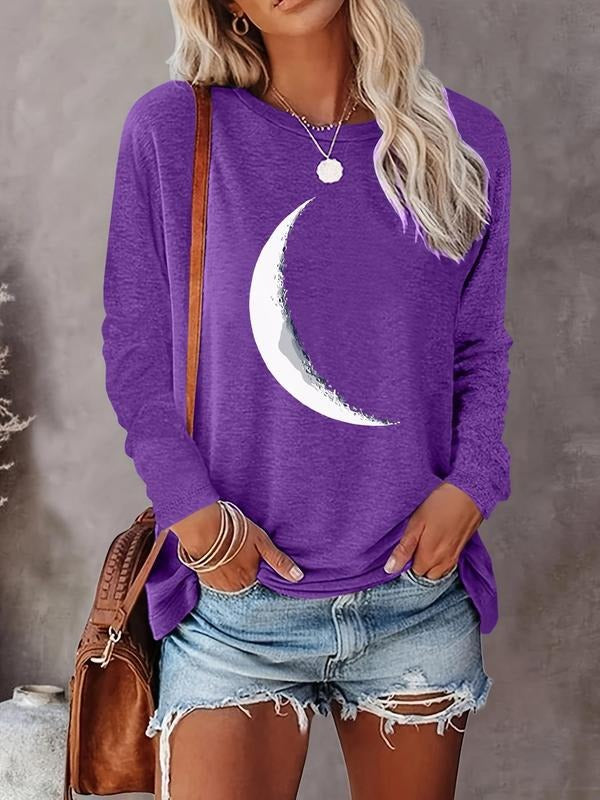 Women's Cartoon Moon Print Round Neck Tee, Casual Long Sleeve Crew Neck T-shirt for Fall & Winter, Women's Top for Daily...