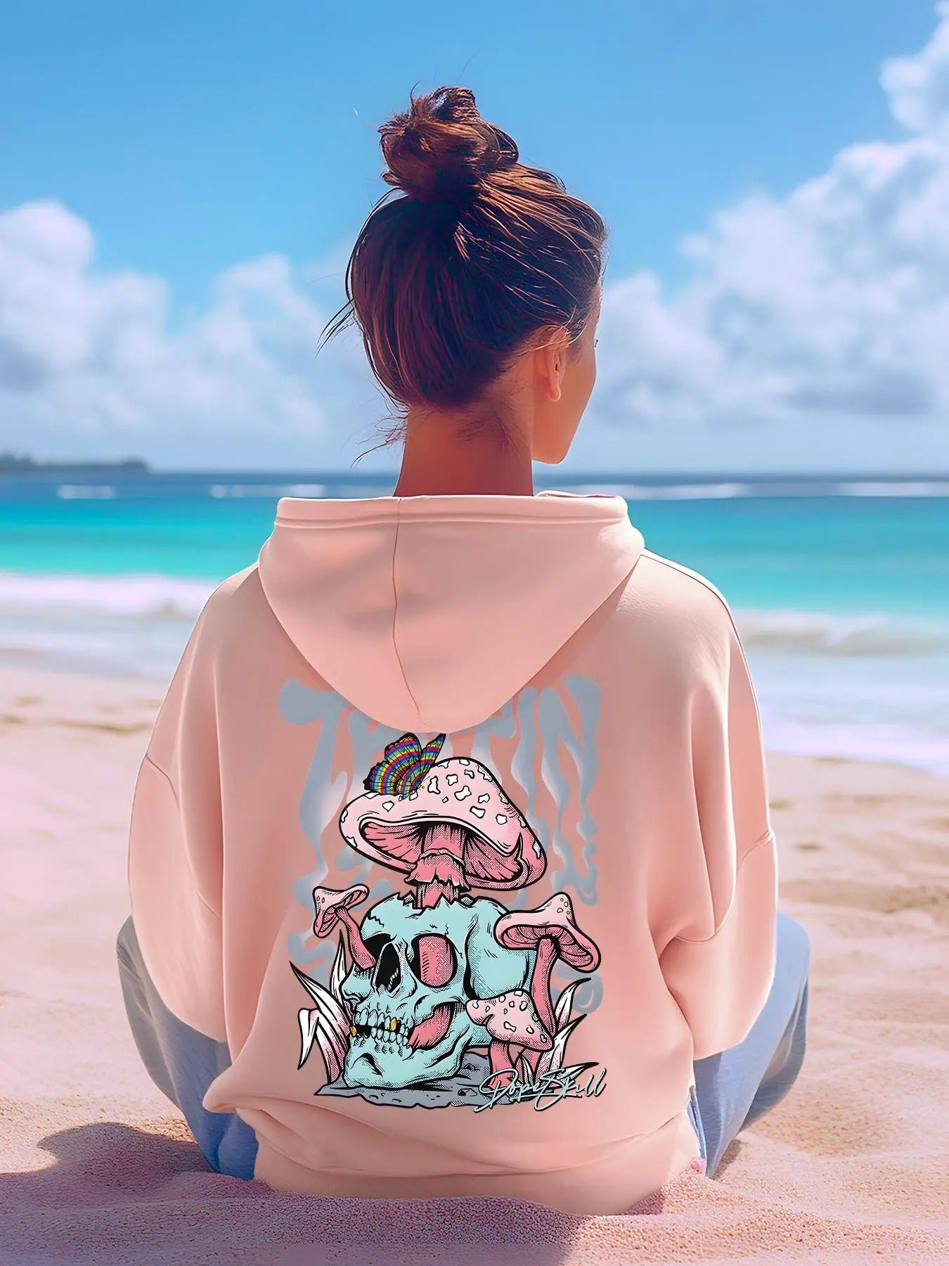 Women's Cartoon Mushroom & Skull Print Drop Shoulder Thermal Lined Hoodie, Fashion Casual Drawstring Pocket Hooded...