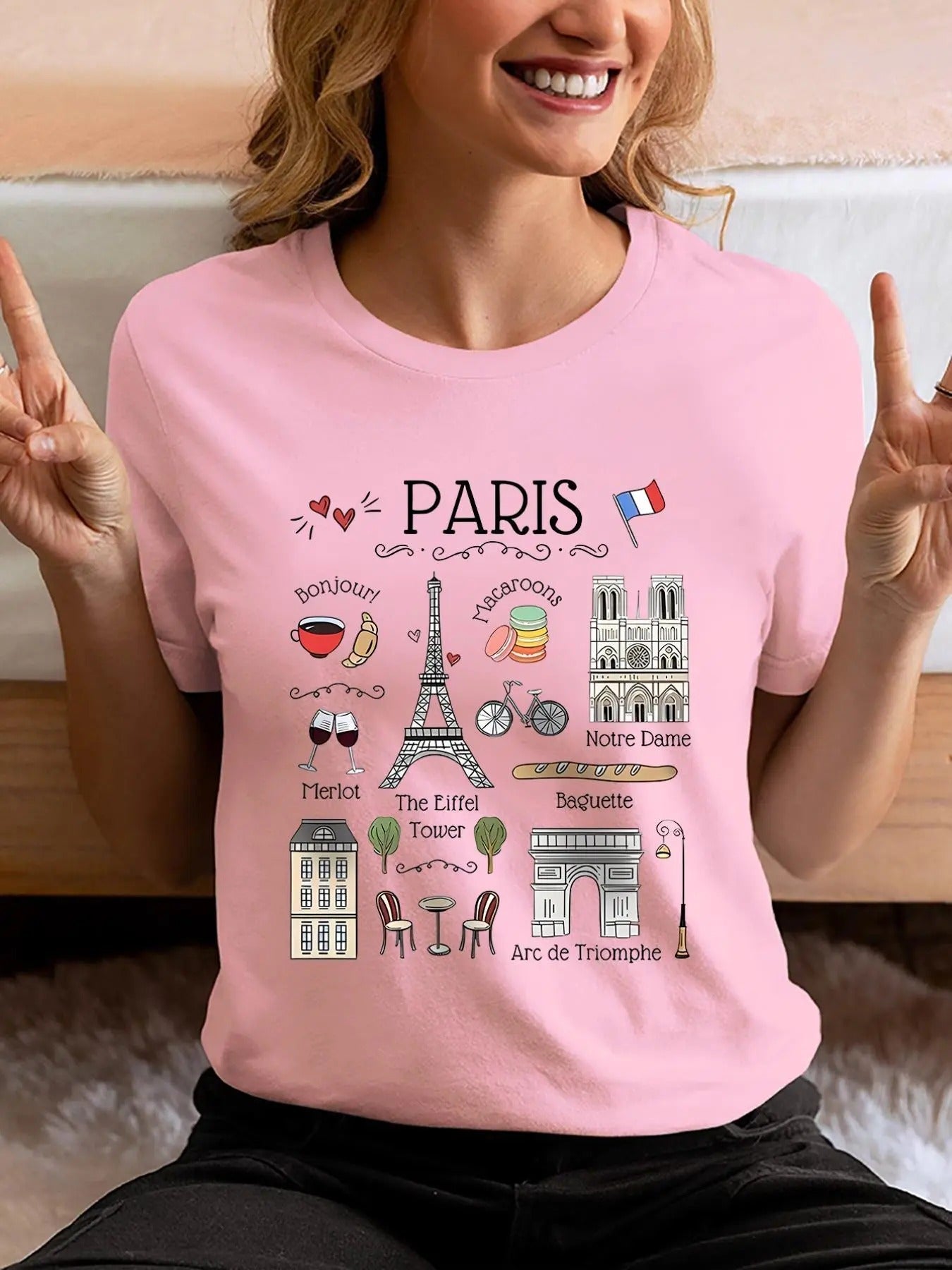 Women's Cartoon Paris & Letter Print Round Neck Graphic Tee, Vintage Trendy Casual Short Sleeve T-shirt for Daily Wear,...