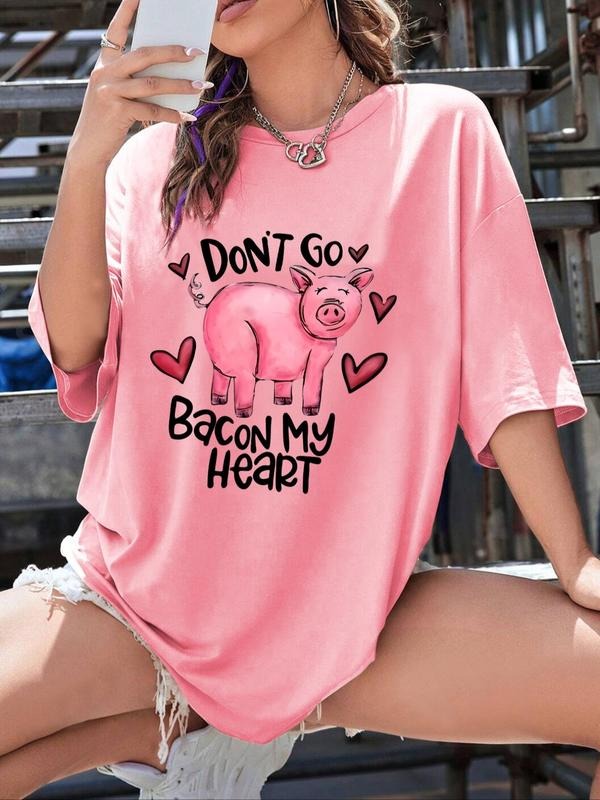 Women's Cartoon Pig & Letter Print Drop Shoulder Tee, Casual Cute Half Sleeve Round Neck T-Shirt for Summer, Fashion...