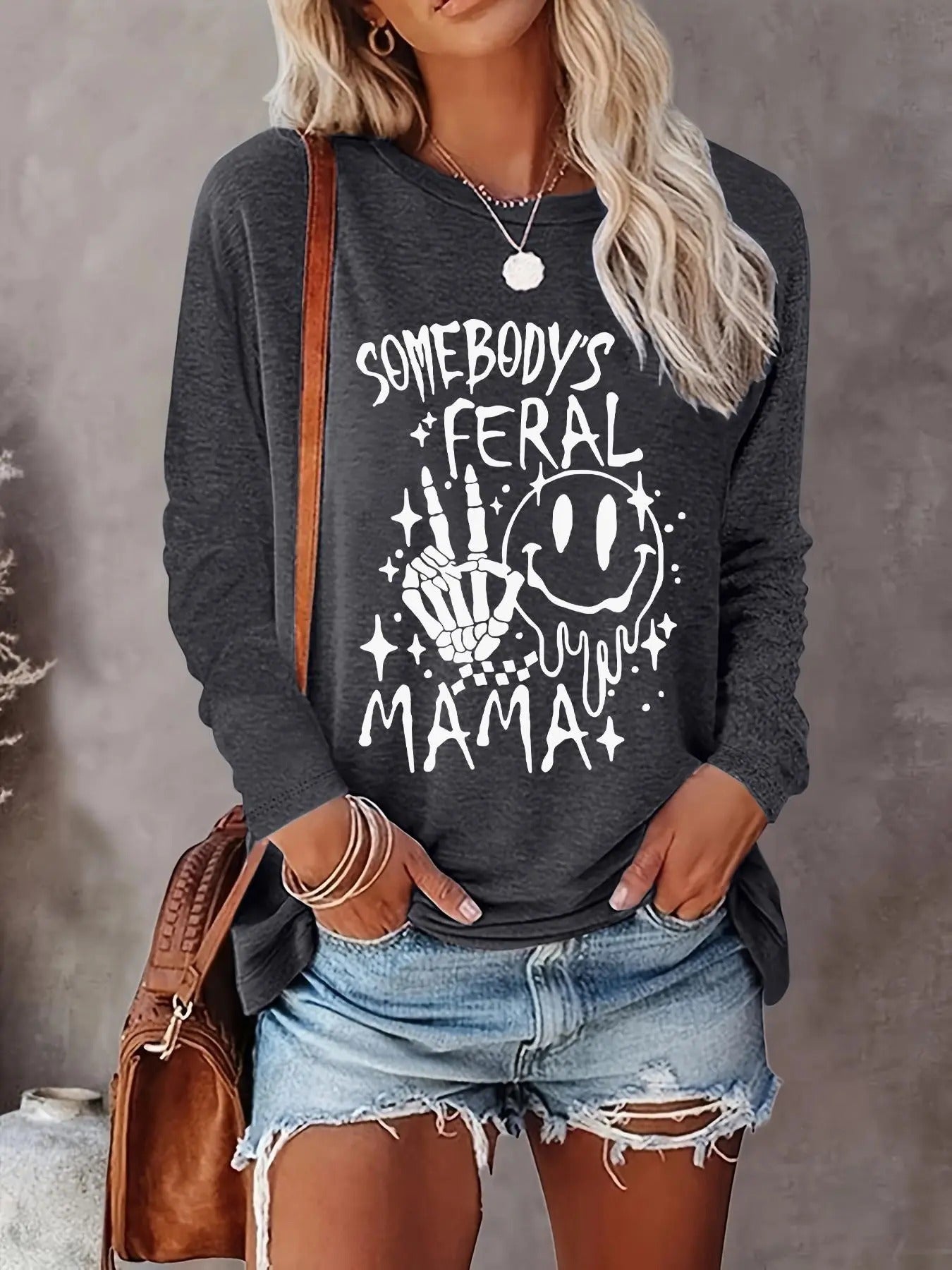 Women's Cartoon Print Drop Shoulder Graphic Tee, Casual Letter Print Long Sleeve Round Neck T-shirt for Spring & Fall,...
