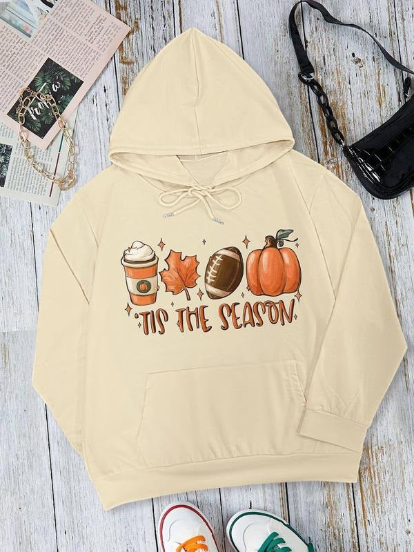 Cartoon Print Drop Shoulder Casual Halloween Drawstring Pocket Hooded Daily Outdoor Fall & Winter T-Shirts, Hoodie, Sweatshirt