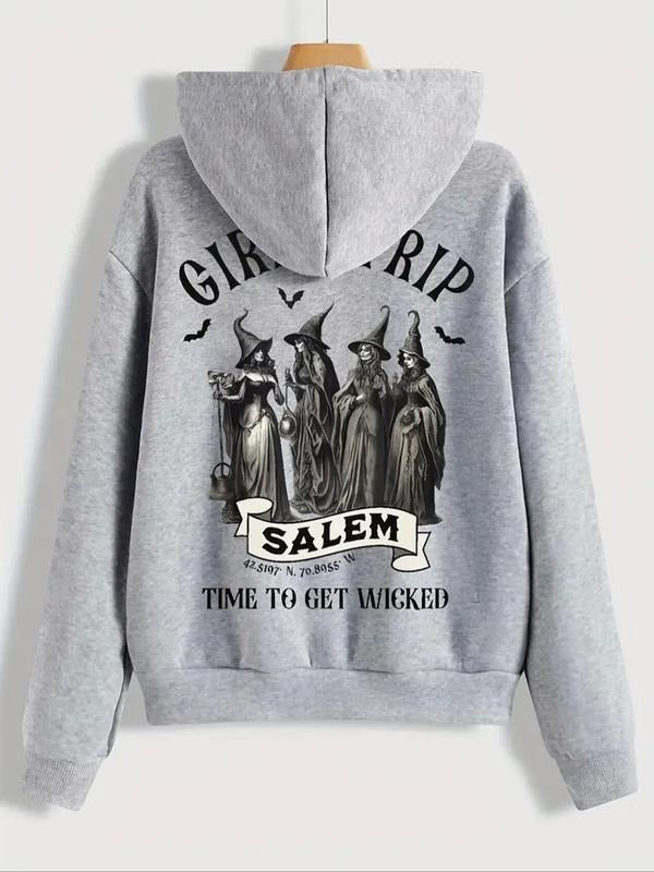 Women's Cartoon Print Drop Shoulder Hoodie, Fashion Casual Letter Print Drawstring Kangaroo Pocket Hooded Sweatshirt for...