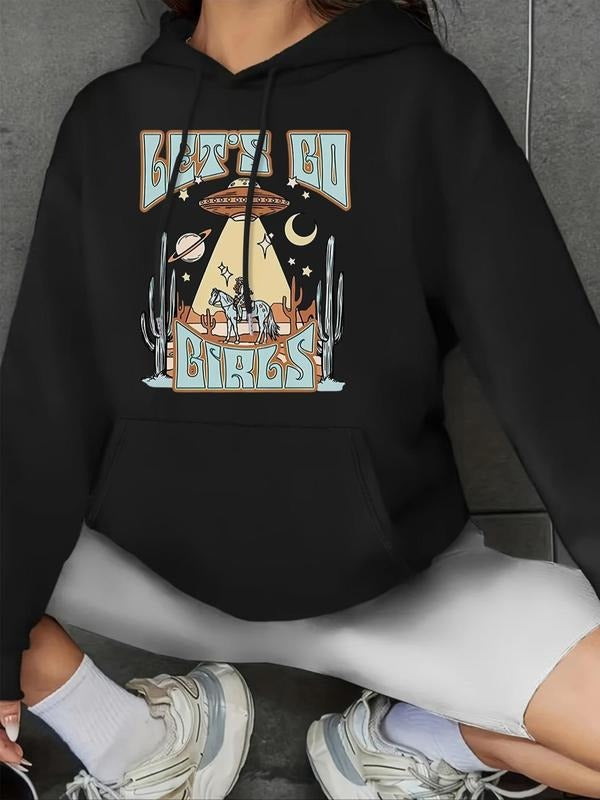 Women's Cartoon Print Drop Shoulder Hoodie, Fashion Casual Letter Print Kangaroo Pocket Hooded Sweatshirt for Daily...