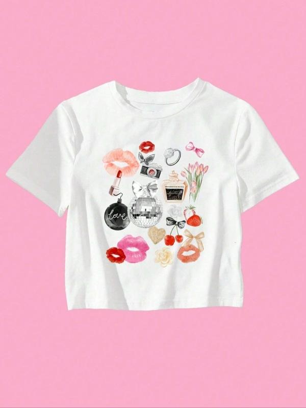Women's Cartoon Print Round Neck Crop Tee, Casual Crew Neck Short Sleeve T-Shirt for Daily Holiday Outdoor Wear, Fashion...