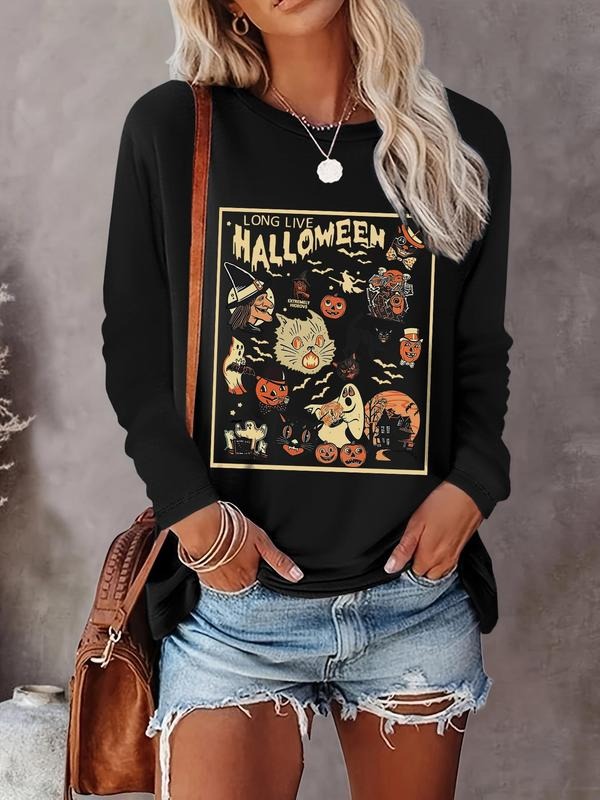 Women's Cartoon Print Round Neck T-shirt, Casual Halloween Long Sleeve Crew Neck Tee for Daily Wear, Women's Clothing for...