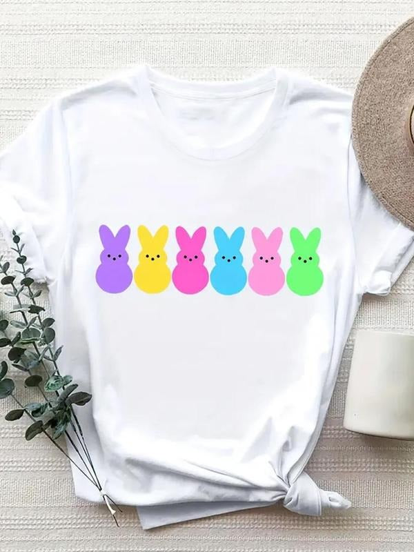 Women's Cartoon Rabbit Print Round Neck Tee, Casual Short Sleeve Crew Neck T-Shirt for Summer, Fashion Women's Top for...