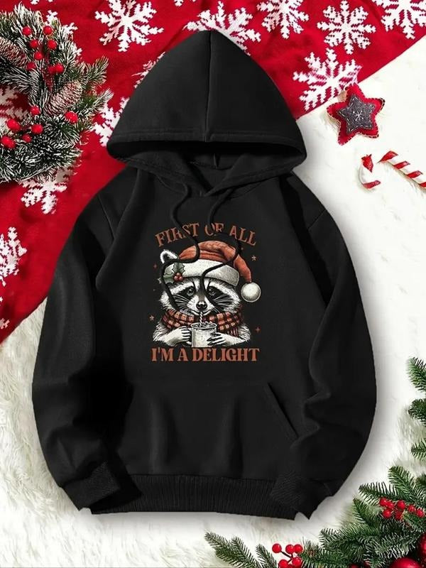 Women's Cartoon Raccoon & Letter Print Thermal Lined Hoodie, Fashion Casual Hooded Sweatshirt for Daily Holiday Outdoor...