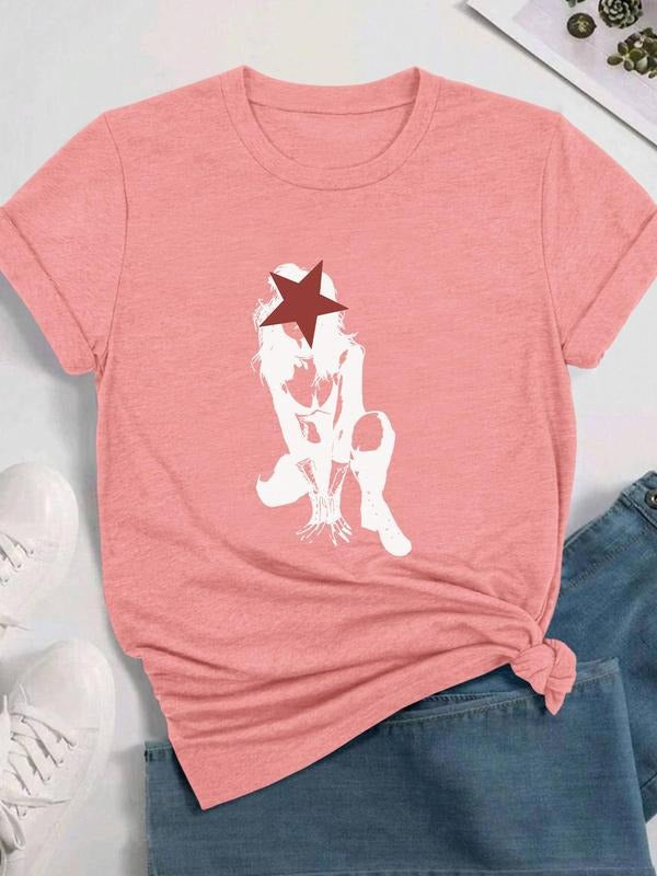 Women's Cartoon Round Neck Graphic Tee, Fashion Casual Crew Neck T-Shirt for Daily Holiday Vacation Outdoor Wear, Ladies...