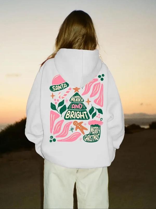 Women's Cartoon Santa Claus Print Drawstring Pocket Hoodie, Casual Long Sleeve Hooded Sweatshirt for Fall & Winter,...