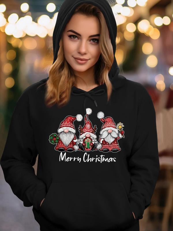 Women's Cartoon Santa Claus Print Drop Shoulder Hoodie, Fashion Casual Letter Print Kangaroo Pocket Hooded Sweatshirt for...