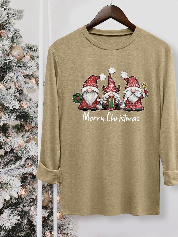 Women's Cartoon Santa Claus Print Round Neck Tee, Casual Long Sleeve Crew Neck T-shirt for Fall & Winter, Women's Top for...