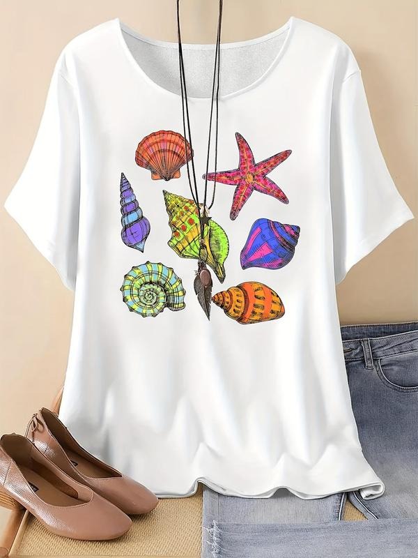 Women's Cartoon Shell Print Round Neck Graphic Tee, Vintage Trendy Casual Short Sleeve T-shirt For Daily Wear, Ladies...