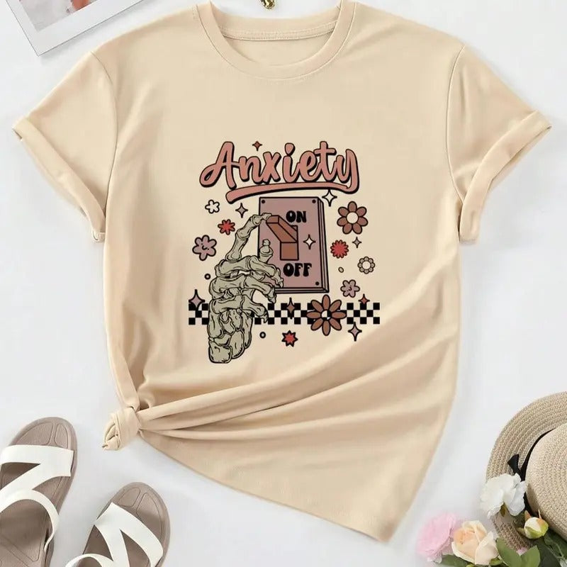 Women's Cartoon Skeleton & Letter Print Round Neck Graphic Tee, Vintage Trendy Casual Drop Shoulder Half Sleeve T-shirt...