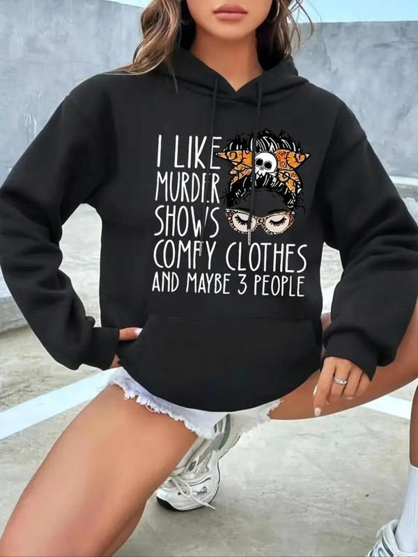 Women's Cartoon Skull & Letter Print Drop Shoulder Hoodie, Fashion Casual Drawstring Kangaroo Pocket Hooded Sweatshirt...