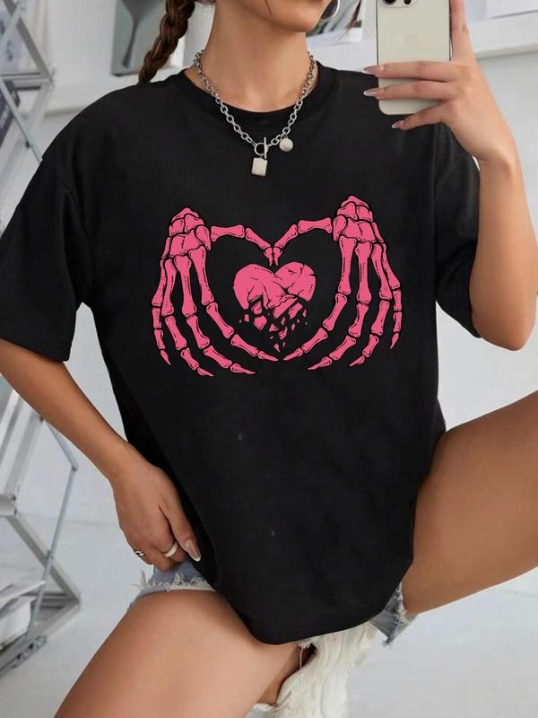 Women's Cartoon Skull Hands & Heart Print Round Neck Tee, Street Trendy Casual Drop Shoulder Half Sleeve T-Shirt for...