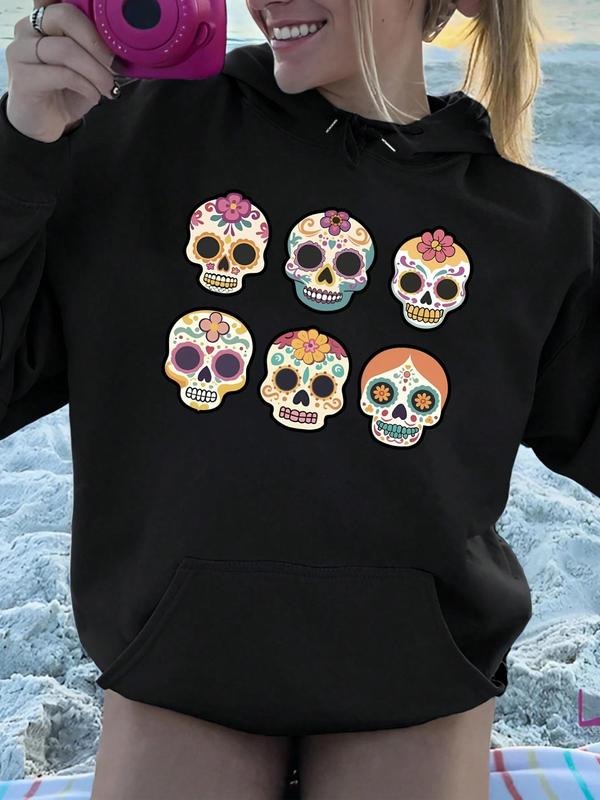 Women's Cartoon Skull Print Drop Shoulder Hoodie, Fashion Casual Drawstring Pocket Hooded Sweatshirt for Daily Holiday...