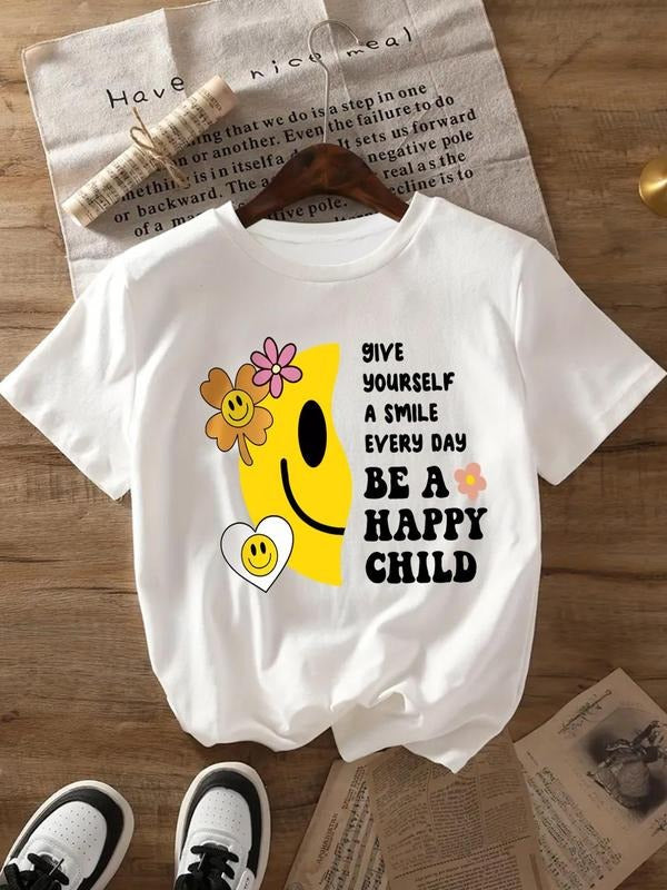 Women's Cartoon Smile Face & Floral Print Round Neck Tee, Fashion Casual Crew Neck T-Shirt for Daily Outdoor Wear,...