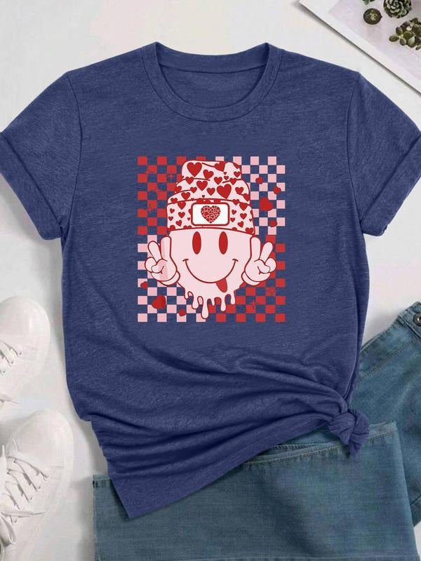 Women's Cartoon Smile Face Print Round Neck Tee, Fashion Casual Crew Neck T-Shirt for Daily Holiday Vacation Outdoor...