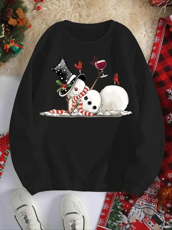 Women's Cartoon Snowman Print Crew Neck Sweatshirt, Casual Long Sleeve Pullover for Daily Wear, Ladies Clothes for All...