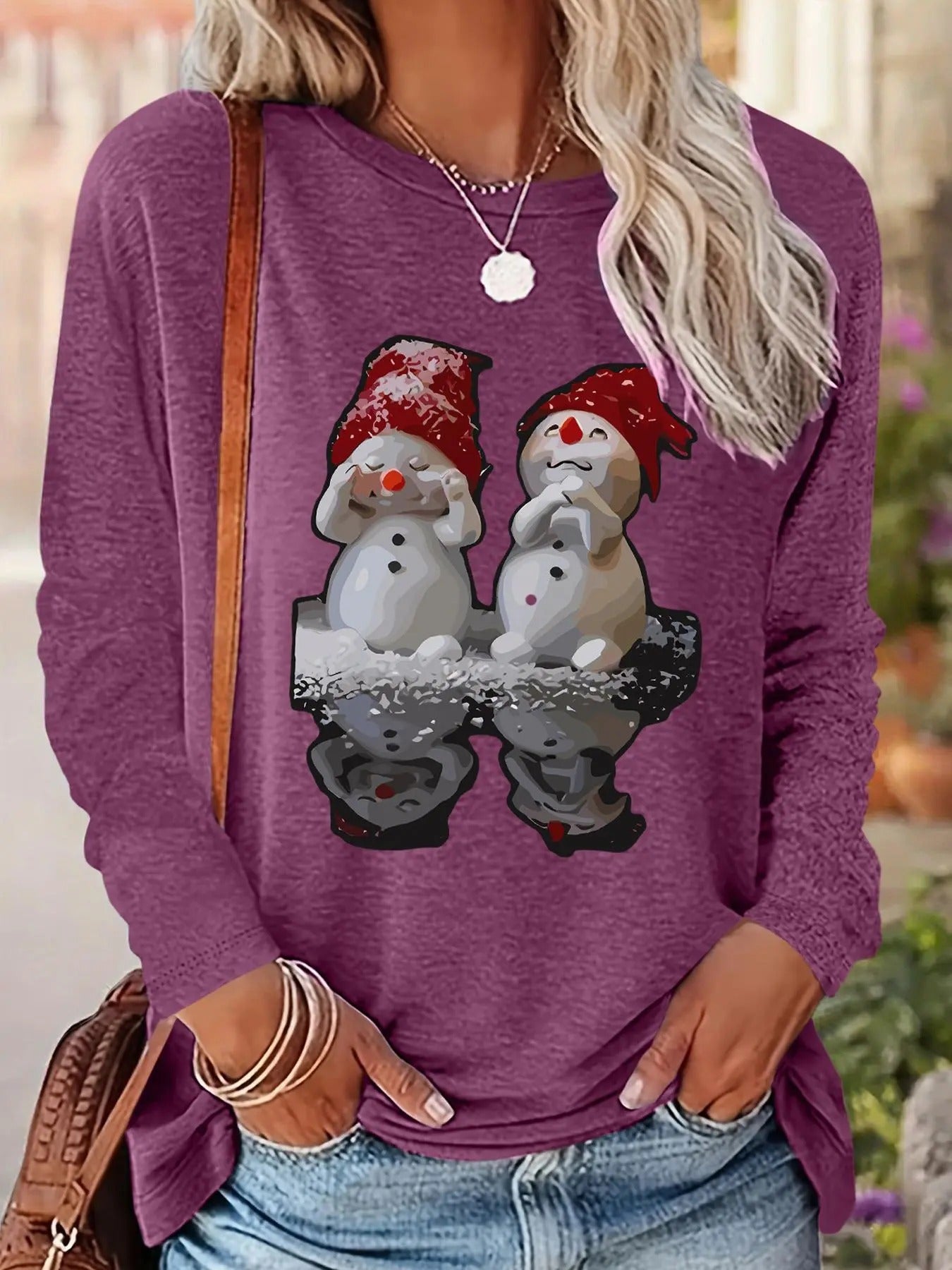 Women's Cartoon Snowman Print Drop Shoulder T-shirt, Casual Long Sleeve Round Neck Pullover for Fall & Winter, Ladies...