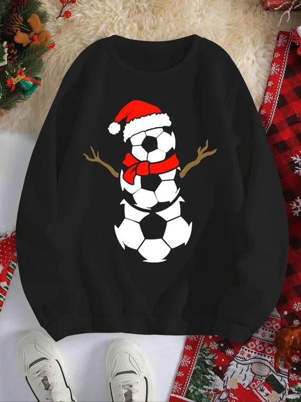 Women's Cartoon Soccer Print Round Neck Sweatshirt, Casual Long Sleeve Crew Neck Pullover for Daily Wear, Ladies Clothes...