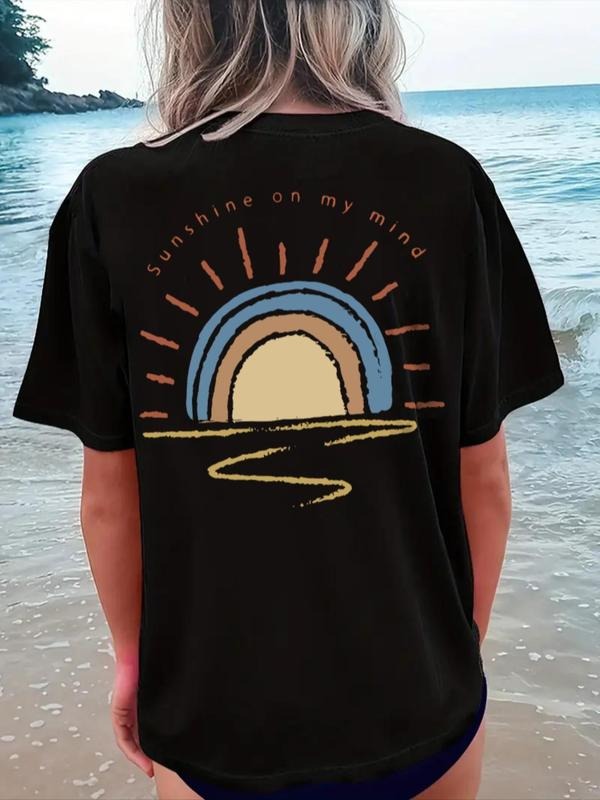 Women's Cartoon Sun & Letter Print Round Neck Graphic Tee, Casual Short Sleeve T-shirt for Daily Wear, Ladies All Seasons...