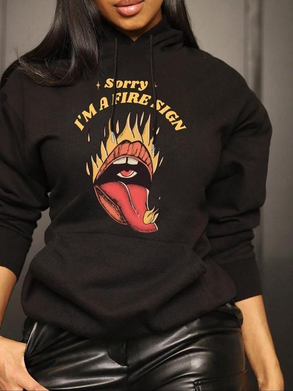 Women's Cartoon Tongue & Letter Print Drop Shoulder Hoodie, Fashion Casual Drawstring Pocket Hooded Sweatshirt for Daily...
