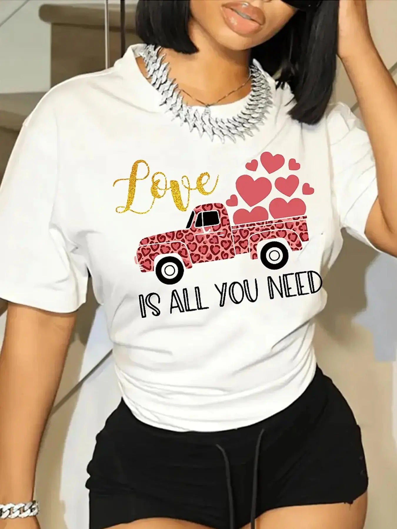 Women's Cartoon Truck & Letter Print Round Neck Tee, Casual Short Sleeve T-shirt for Spring & Fall, Women's Top for Daily...