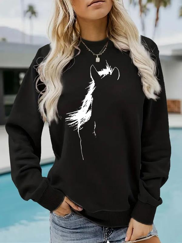 Women's Casual Animal Print Pullover Sweater, Soft Long Sleeve Round Neck Sweatshirt, Comfortable Daily Wear T-Shirts, Hoodie