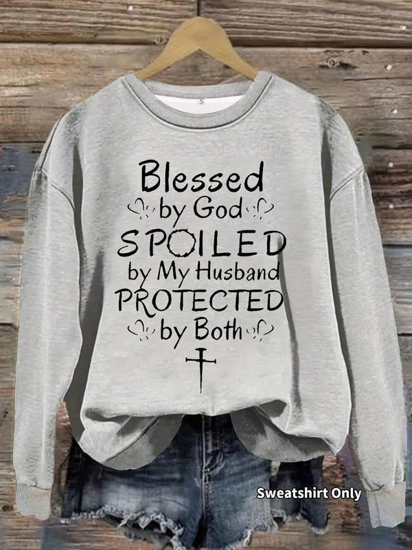 Women's Casual Blessed Spoiled Graphic Pullover Sweater, Soft Long Sleeve Round Neck Sweatshirt, All-Season Wear...