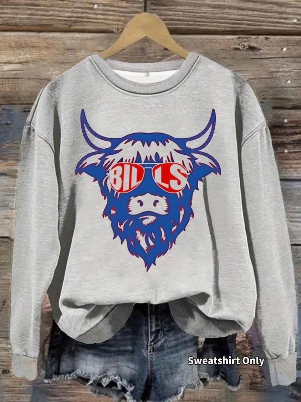 Women's Casual Blue Cow Print Pullover Sweater, Soft Long Sleeve Round Neck Sweatshirt, Comfortable Daily Wear T-Shirts,...
