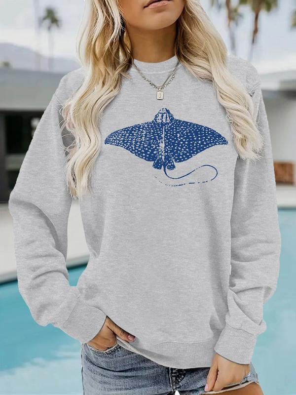 Women's Casual Blue Devil Fish Print Pullover Sweater, Soft Long Sleeve Round Neck Sweatshirt, Comfortable Daily Wear...