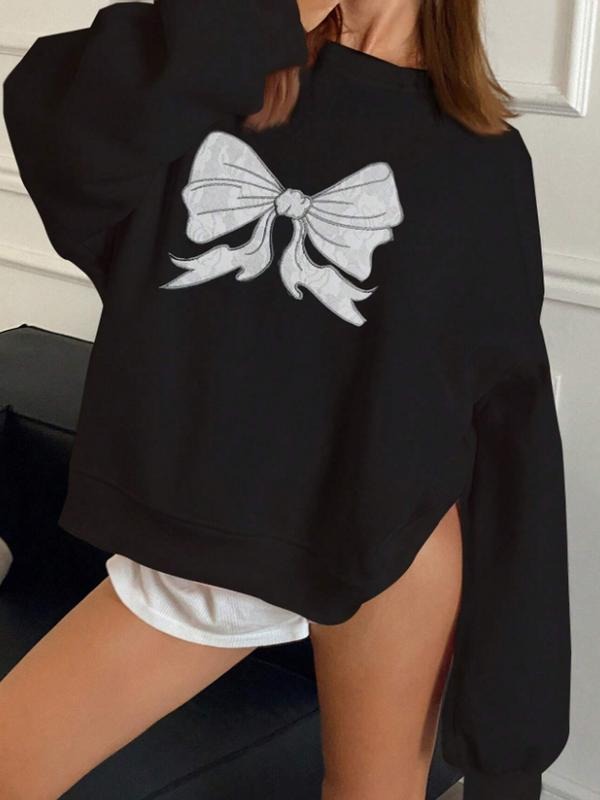 Women's Casual Bow Pattern Pullover Sweatshirt, Soft Long Sleeve Round Neck, All-Season Comfort, Durable Fabric style 02...