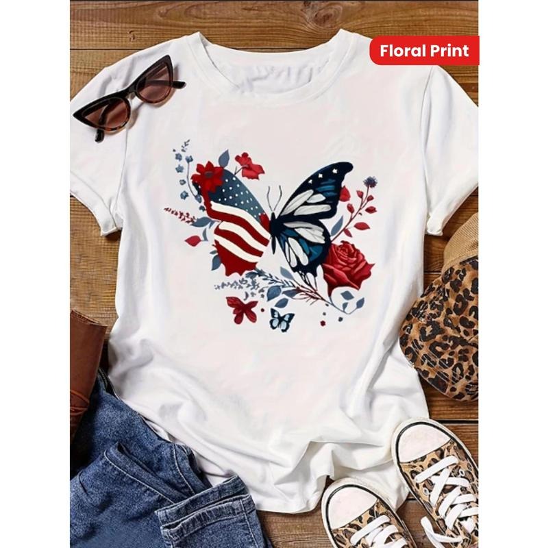 Women's Casual Butterfly & Floral Print T-Shirt - Patriotic American Flag Design, Breathable Loose Fit Short Sleeve Round...
