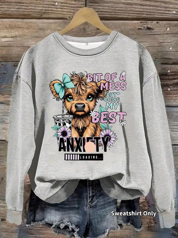 Women's Casual Cartoon Cow Print Pullover Sweater, Soft Long Sleeve Round Neck Sweatshirt, Comfortable Daily Wear...