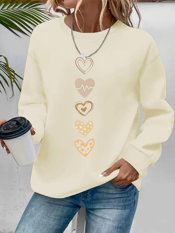 Women's Casual Cartoon Heart Print Hoodie, Soft Long Sleeve Round Neck Cute Sweatshirt, All-Season Comfort Clothing T-Shirts
