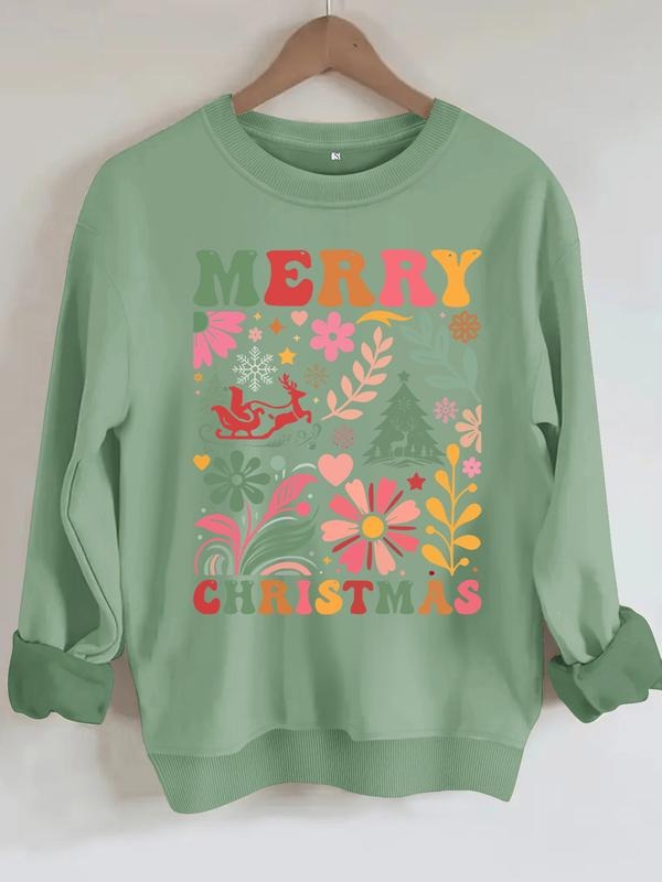 Women's Casual Christmas Print Hoodie, Soft Long Sleeve Round Neck Sweatshirt, All-Season Comfort, Durable Fabric T-Shirts