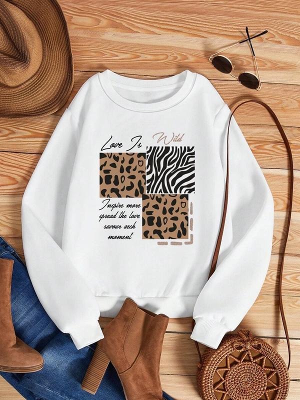 Women's Casual Comfortable Letter Print Fleece Pullover Sweatshirt, Long Sleeve Round Neck, Fall & Winter Fashion,...