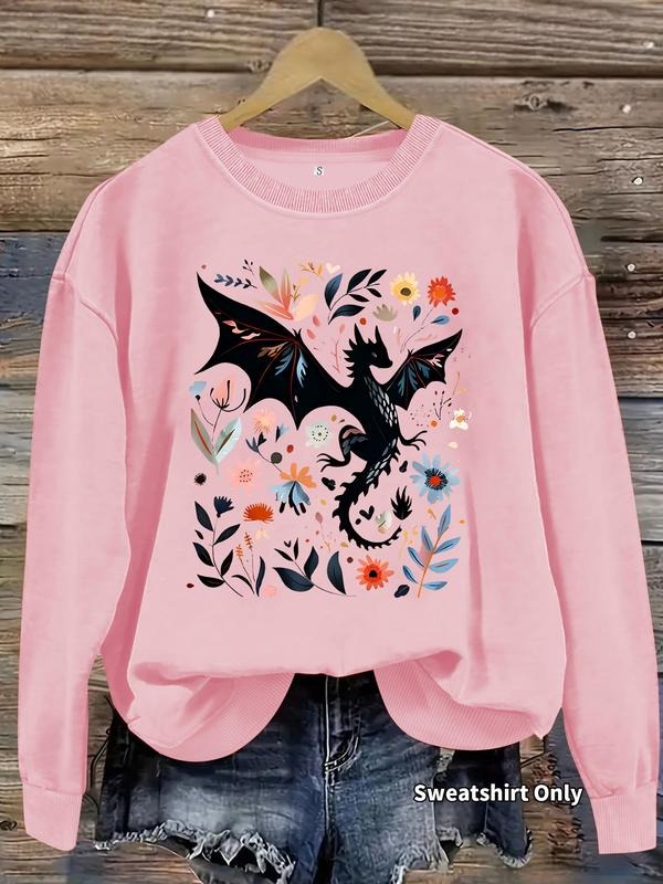 Women's Casual Dragon & Floral Pullover Sweater, Soft Long Sleeve Round Neck Sweatshirt, All-Season Comfort Fit Top...