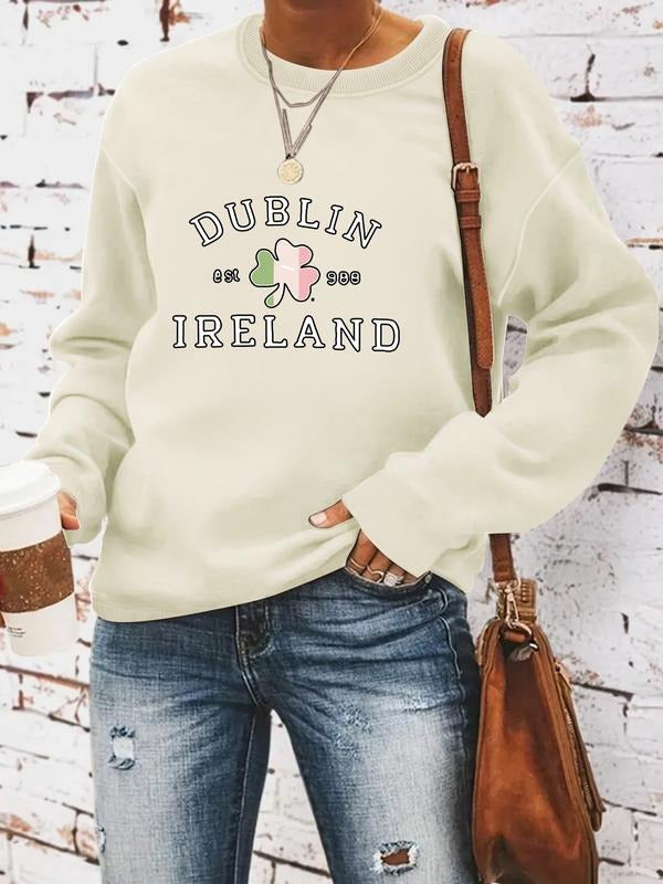 Women's Casual Dublin Treland Four-Leaf Clover Pullover Sweater, Soft Long Sleeve Round Neck Sweatshirt, All Seasons Wear...