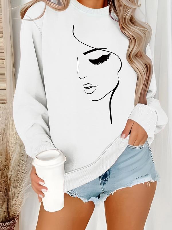 Women's Casual Face Print Pullover Sweater, Soft Long Sleeve Round Neck Sweatshirt, Comfortable Daily Wear T-Shirts, Hoodie