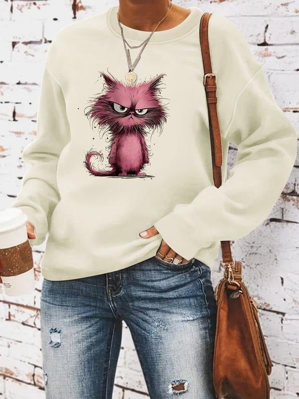Women's Casual Fitted Cat Print Pullover Sweater, Soft Long Sleeve Round Neck Sweatshirt, Comfortable Daily Wear...