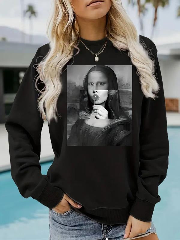 Women's Casual Fitted Mona Lisa Pattern Pullover Sweatshirt, Soft Long Sleeve Round Neck, All-Season Comfort, Durable...