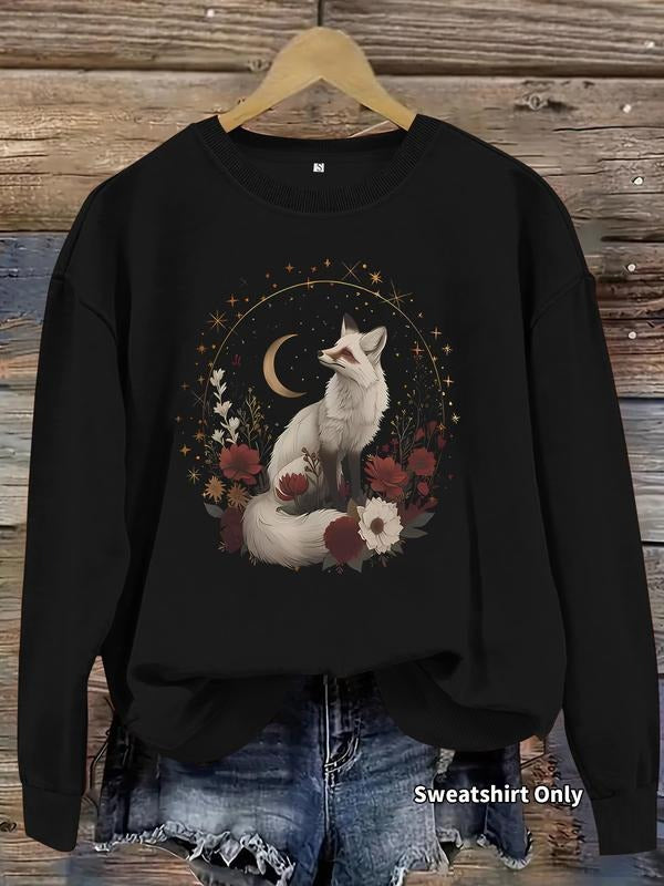 Women's Casual Fox Print Pullover Sweater, Soft Long Sleeve Round Neck Sweatshirt, Comfortable Daily Wear T-Shirts, Hoodie