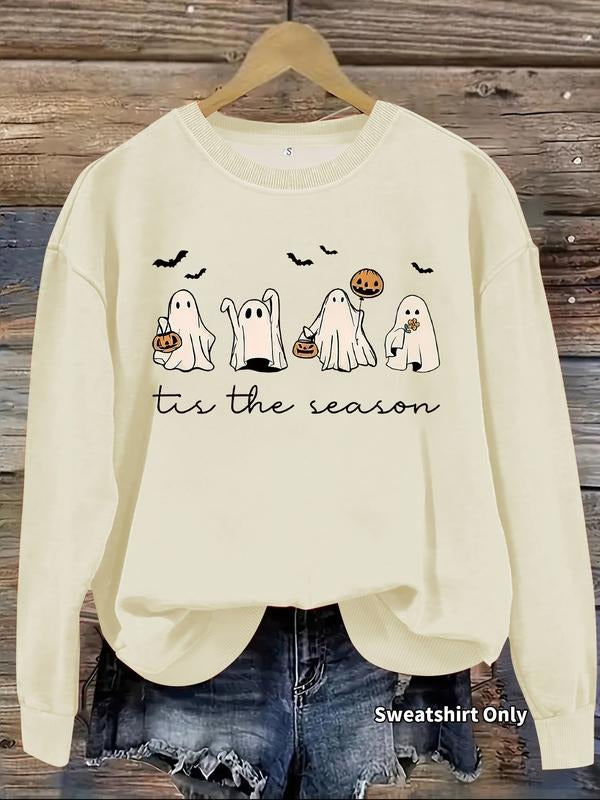 Women's Casual Ghost Pumpkin Bat Print Sweatshirt, Soft Long Sleeve Round Neck Pullover, Fall Winter Daily Wear T-Shirts,...